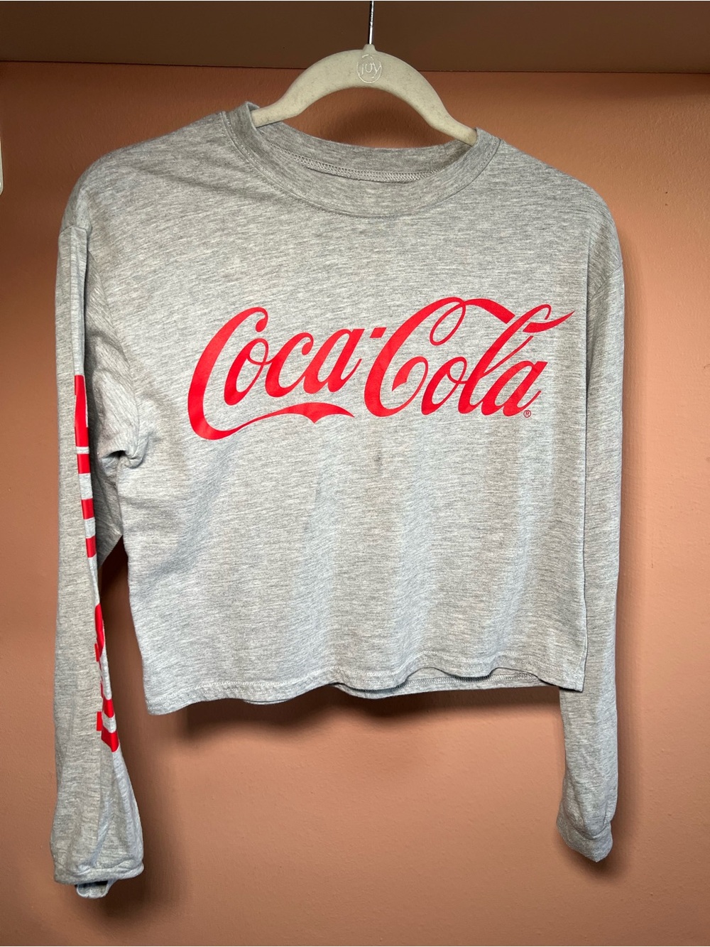 Vintage Coca-Cola Cropped Long Sleeve Graphic Tee Gray Red Logo Women’s S